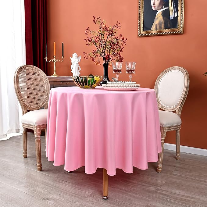 MEANMOY Pink 210 GSM Water & Stain Resistant Round Tablecloth for Circle Table - Solid Small 48 Inch Table Cloth Cover in Wrinkle Free Durable Washable Polyester Fabric for Wedding, Party, Banquet