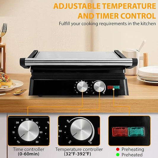 SUSTEAS 2in1 Panini Press Sandwich Maker and 304 Stainless Steel Electric Indoor Grill with Temperature Time Setting, Easy Clean Nonstick Grids, Opens 180°/105° to Fit Any Type or Size of Food,1400W