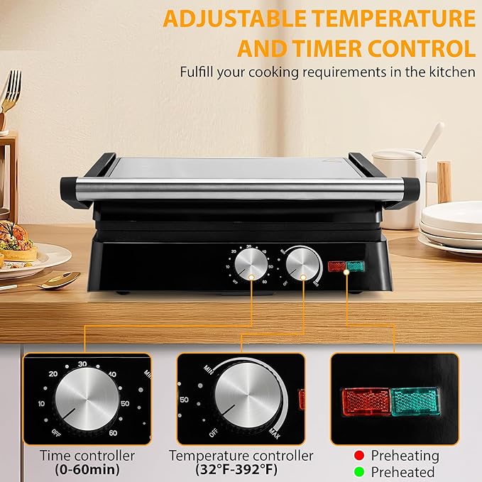 SUSTEAS Panini Press Sandwich Maker and Electric Indoor Grill with Temperature Time Setting, Easy Clean Nonstick Grids, Opens 180°/105° to Fit Any Type or Size of Food, 1400W, BBQ, Black