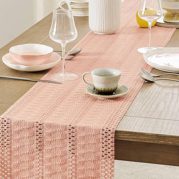 ZeeMart Macrame Style Boho Table Runner, Pink Table Runners 108 Inches Long, Farmhouse Woven Home Decor, 12x108 Inch, Rose Pink