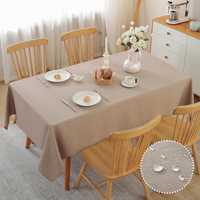 Alsoo Rectangle Tablecloth 60×106 Inch Linen Waterproof Stain Resistant Table Cloths Wrinkle Free Wipeable Table Cover for Dining/Party/Buffet/Wedding/Kitchen, Anti-Shrink Washable, Light Brown