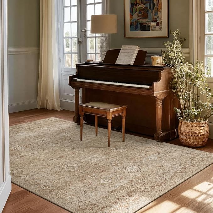 Washable Boho Area Rug for Bedroom: 4'x6' Rug Stain Resistant Tribal Distressed Vintage Accent Rug Non Slip Low Pile Soft Area Rug for Entryway Living Room Bedside Kitchen Office Dorm Entrance