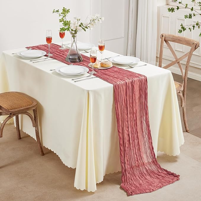 12 Pack Rose Valentine's Day Cheesecloth Table Runner 10FT Long Boho Gauze Table Runner Rustic Sheer Runner for Wedding Bridal Baby Shower Birthday Party Table Decor Home Easter Decorations