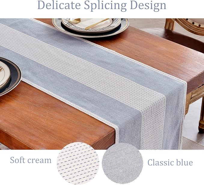 Wracra Linen Table Runner, Farmhouse Macrame Table Runners 90 Inches Long for Dining Table Decor, Wedding, Party and Dresser Decor (Blue,90")