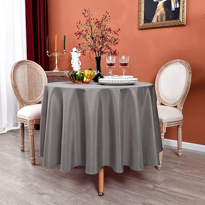 MEANMOY Grey 210 GSM Water & Stain Resistant Round Tablecloth for Circle Table - Solid 60 Inch Table Cloth Cover in Wrinkle Free Durable Washable Polyester Fabric for Wedding, Party, Banquet