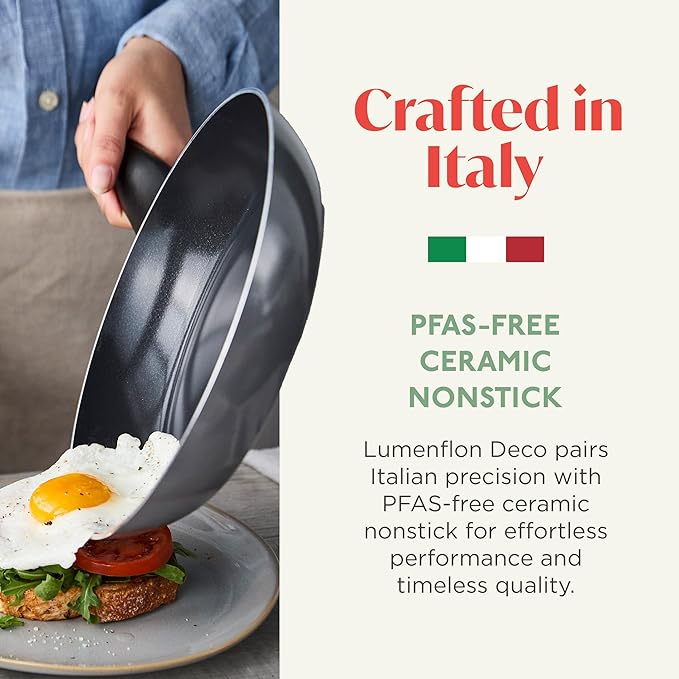 Lumenflon Deco 8” Nonstick Frying Pan Skillet, Made in Italy, Diamond Ceramic PFAS-Free, Dishwasher & Metal Utensil Safe, Durable Gloss Enamel Finish, Stay-Cool Handle, High Walls-Extra Room, Gray