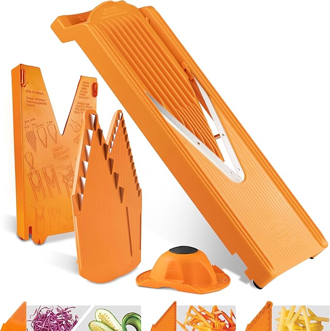 Mandoline Food Slicer Börner V3 (Starter Set) by Reston Lloyd • V-Slicer with Blade Storage & Safety Food Holder • Made in Germany • Fruit & Vegetable Chopper • Multiple Settings: Orange