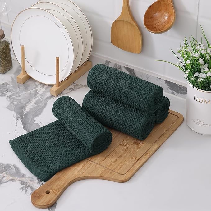 Kitinjoy 100% Cotton Waffle Weave Kitchen Towels, 6-Pack Super Soft and Absorbent Dish Towels for Drying Dishes, Kitchen Hand Towels, 13 in x 28 in, Blackish Green