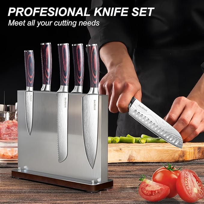 Kitchen Knife Set with Block - 6 Pcs Chef Knife Block Set, 5 Pcs High - Carbon Stainless Steel Razor - Sharp Knives with a Magnetic Knife Block Holder, Versatile and Professional Kitchen Knives Set