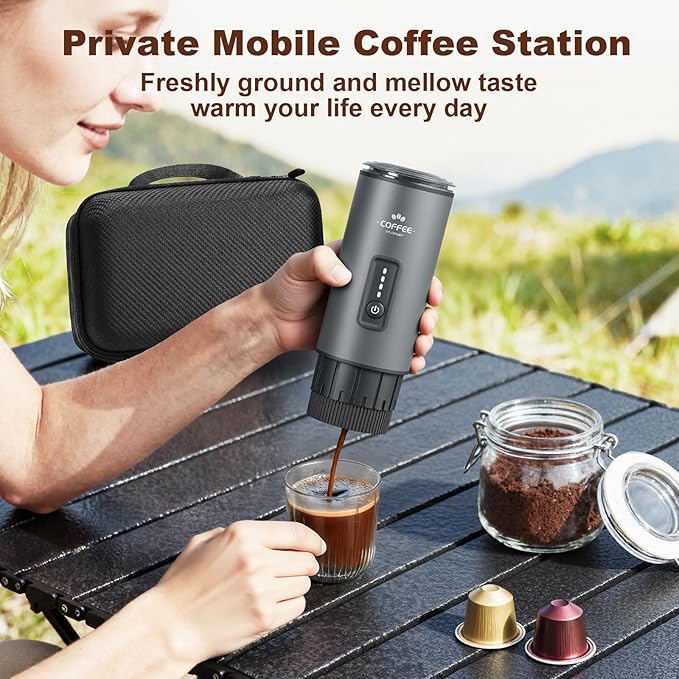 Uiifuidy Portable Coffee Maker, 3 in 1 Electric Espresso Machine Set, Rechargeable Self-Heating Brewer with Carrying Bag and Coffee Stand for Office Camping, Hiking