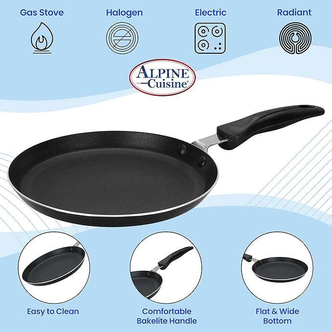 Alpine Cuisine Griddle Pan Aluminum 13in Nonstick Coating, Griddle Pan for Stove Top with Stay Cool Handle, PFOA Free, Durable Nonstick Cookware - Dishwasher Safe - Gray