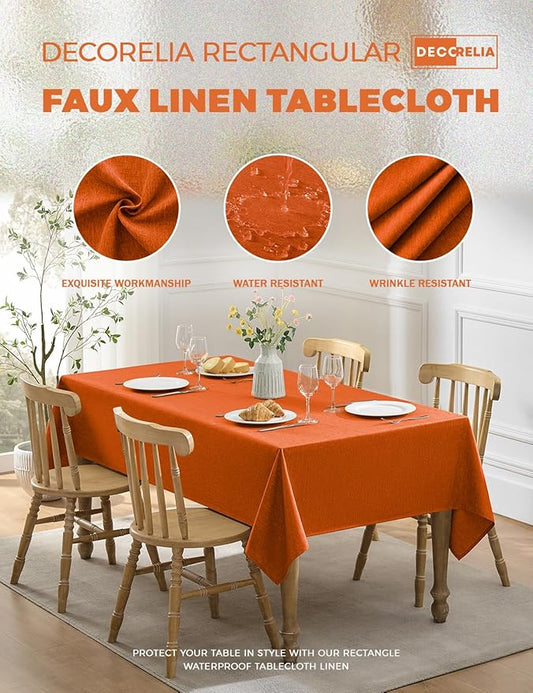 Waterproof Faux Linen Rectangle Tablecloth, Spillproof Wrinkle Free Outdoor Reusable Table Cloth for Patio, Holiday, Banquet, Party, Buffet Dinner (Oblong,60 x 120 Inch (10-12 Seats), Rust)