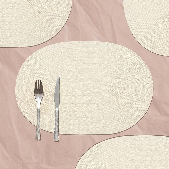 AHHFSMEI Placemats Set of 6 for Dining Table Washable Woven Non-Slip 18x12 inches Placemat Heat-Resistant Durable Table Mats for Dining Table Easy to Clean (Oval Beige, 6)