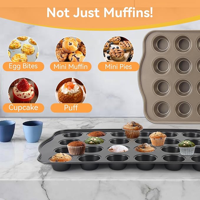 TAOUNOA Cupcake Pan Nonstick 2 Pack (Gold, Mini 24 cup)