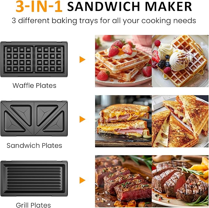 SUNVIVIPRO 3-in-1 Waffle Iron, Electric Sandwich Maker and Panini Press Grill, Non-Stick Removable Plates, Black