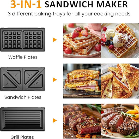 SUNVIVIPRO 3-in-1 Waffle Iron, Electric Sandwich Maker and Panini Press Grill, Non-Stick Removable Plates, Black