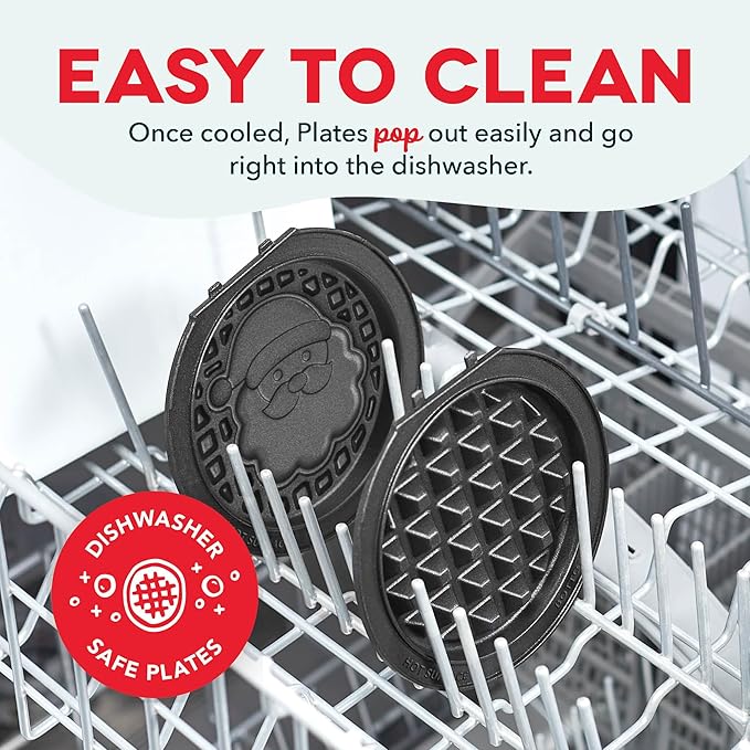 DASH Holiday MultiMaker® Mini System - Waffle Maker with Six 4” Removable Holiday Plates: Waffle Iron & Griddle, 4-in-1 Mini Waffle Maker for Kids and Families – Nonstick Surface, Santa Waffle (Red)