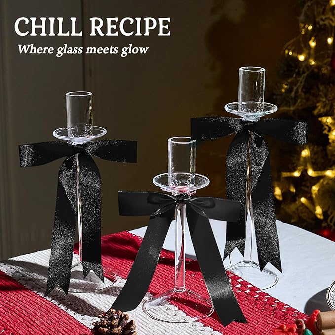 CHILL RECIPE Bow Candle Holder Glass Taper Candlestick Holders with Built-in Candle Drip Protectors Bows Decor for Table Centerpiece Wedding Party Halloween(Black)