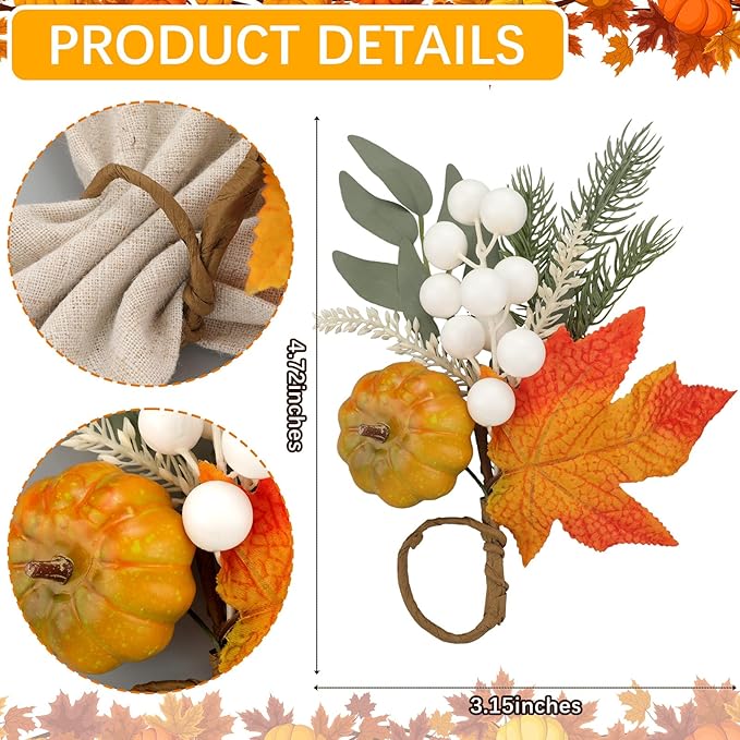 Set of 6 Pcs Thanksgiving Napkin Rings Pumpkin Artificial Maple Leaf Ring Holder for Table Dinner Thanksgiving Retro Pumpkin Napkin Holder for Fall Gathering Wedding Dinner Table Decoration