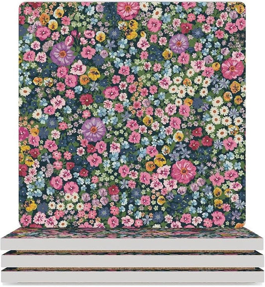 Floral Drink Coasters, Square Ceramic Drink Coaster Square-4PCS, Cartoon Abstract Wildflower Nature Plant Colorful Floral Decor Absorbent Ceramic Coasters for Beverage Cup, Bar, Coffee Table