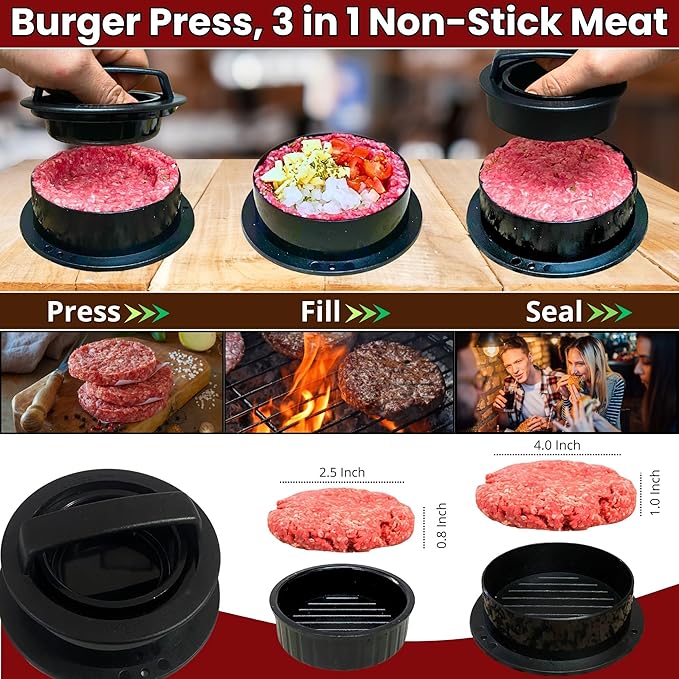 Gamalou® Smashed Burger Press BBQ Kit: 7" Round & 8.2x4.3 Rectangle Cast Iron Bacon Press, 3 in 1 Patty Maker, Spatula 6x5”, Burger Press Griddle Set for Blackstone, Traeger, Grills, Fry Pan