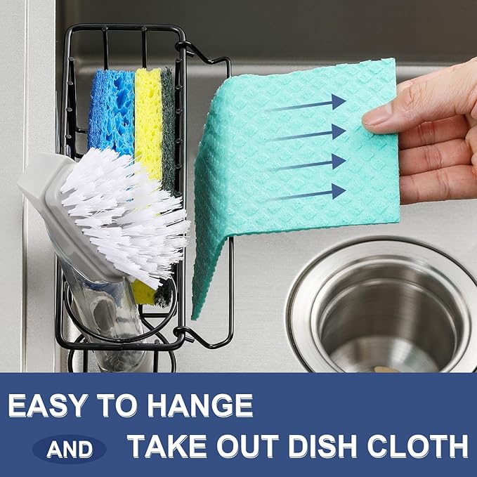 3-In-1 Sponge Holder for Kitchen Sink, 2 Type Suspension Options (Suction Cups & Adhesive Hook), Hanging Sink Organizer Rack - Sponge, Dish Cloth, Brush, Scrubber, 304 Stainless Steel - Black