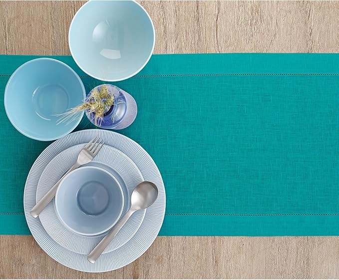 Solino Home Linen Teal Table Runner 108 Inches Long - 100% Pure Linen Hemstitch 14 x 108 Inch Table Runner for Dining - Classic Hemstitch