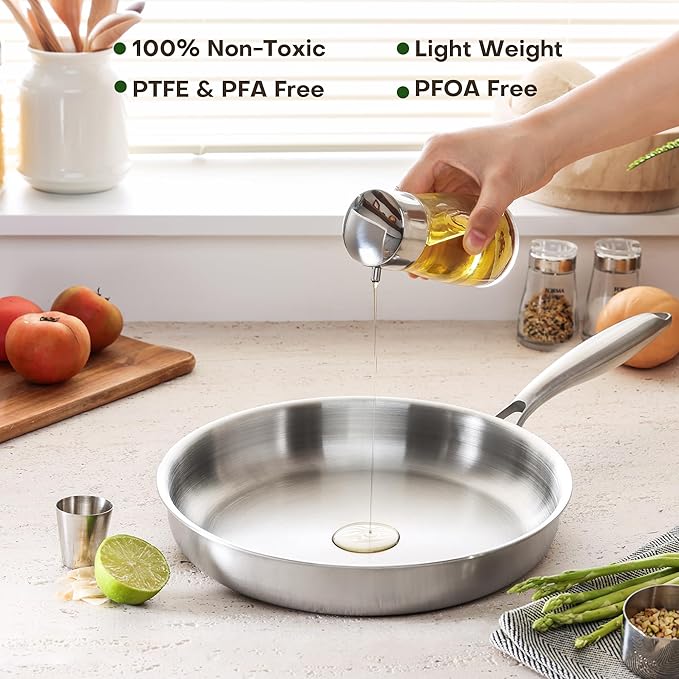 12 Inch Stainless Steel Frying Pan with Lids, Healthy Stainless Steel Skillet, Works on Induction, Ceramic and Gas Cooktops, PFOA Free Cookware, Dishwasher and Oven Safe, Stay-Cool Handle