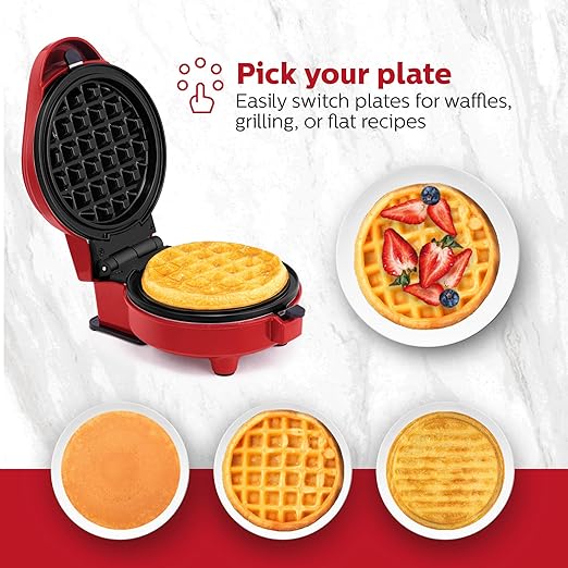 Holstein Housewares 3-IN-1 Personal Maker with Indicator Light, Griddle & Waffle Maker, Non-Stick Coating Plates, 2 waffle plates, 2 grill plates & 2 flat plates. Even Heating, Lightweight