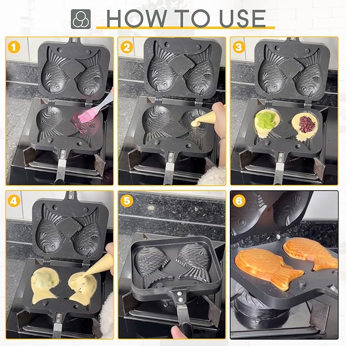 MYFULLY Taiyaki Fish-Shaped Cake Pan Taiyaki Fish Waffle Maker Double Pan Mold with Silicone Oil Brush for Fun DIY Desserts at Home