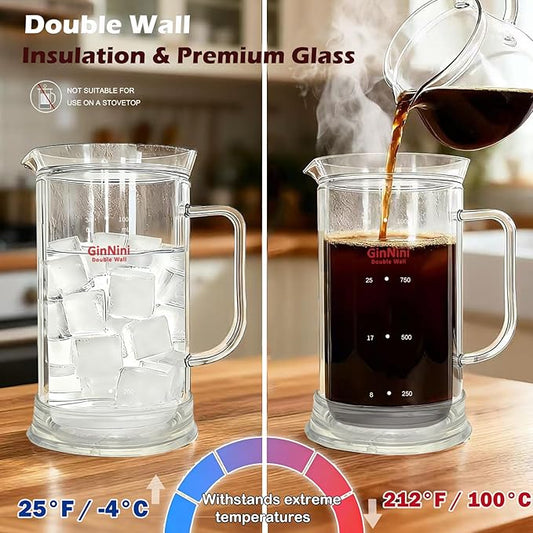 GinNini 34-Ounce French Press Coffee Maker, Double Wall Borosilicate Glass Carafe with Removable Stainless Steel Filter and Shaft with Enlarged Bamboo Knob and Lid,Heat-Resistant for Coffee and Tea