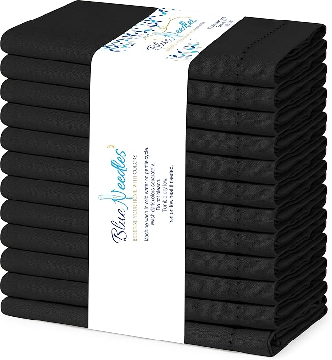 Blue Needles Set of 12 Hemstitch Linen Napkins 100% Cotton Black Cloth Dinner Napkins 18x18 inches, Soft, Reusable, Absorbent, Washable, Ideal for Wedding Events, Parties & Everyday Use