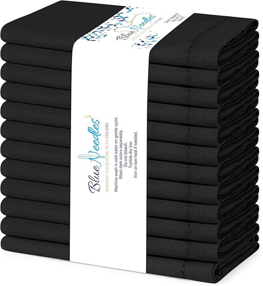 Blue Needles Set of 12 Hemstitch Linen Napkins 100% Cotton Black Cloth Dinner Napkins 18x18 inches, Soft, Reusable, Absorbent, Washable, Ideal for Wedding Events, Parties & Everyday Use