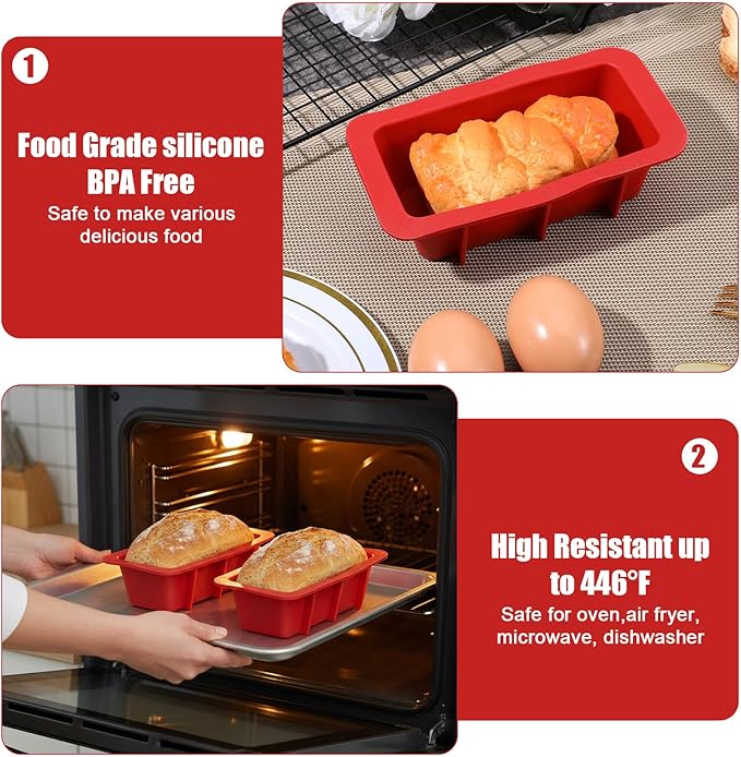 MAQUITA 12 Pack Silicone Mini Bread Loaf Pans for Baking, Small Silicone Bread Loaf Pan Set, Rectangular Non-Stick Baking Mold Pans for Oven, Bread, Cake, Easy Release (Red)