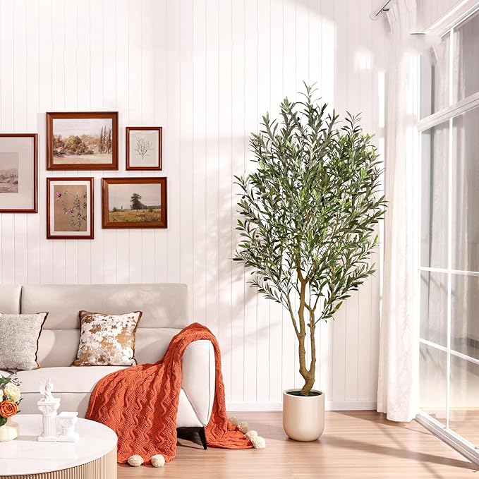 Artificial Olive Tree 7FT Tall, Faux Plants Indoor - Fake Plant with Lifelike Leaves,White Planter - Large Fake Olive Trees for Home Living Room Office Bedroom Floor Decor
