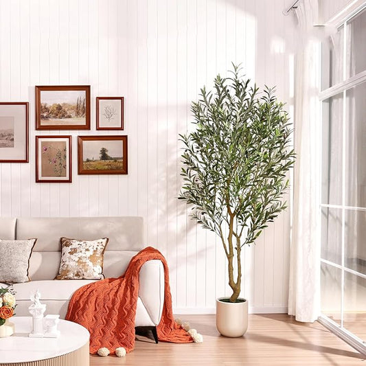 Artificial Olive Tree 7FT Tall, Faux Plants Indoor - Fake Plant with Lifelike Leaves,White Planter - Large Fake Olive Trees for Home Living Room Office Bedroom Floor Decor