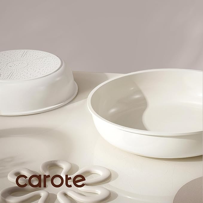 CAROTE Ceramic Pots and Pans Set Non Stick, Nonstick Kitchen Cookware Sets with Lid, Detachable Handle Sauté Pan Set, Non Toxic Frying Pan, Oven Safe, Induction Ready, Cream White