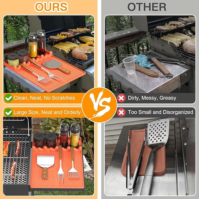 Silicone Griddle Tool Mat Compatible with Blackstone Weber - Flat Top Grill Pellet Smoker Side Shelf Spatula Mat with Drip Pad - Gifts for Men BBQ Grilling Accessories(Orange-2Pcs)