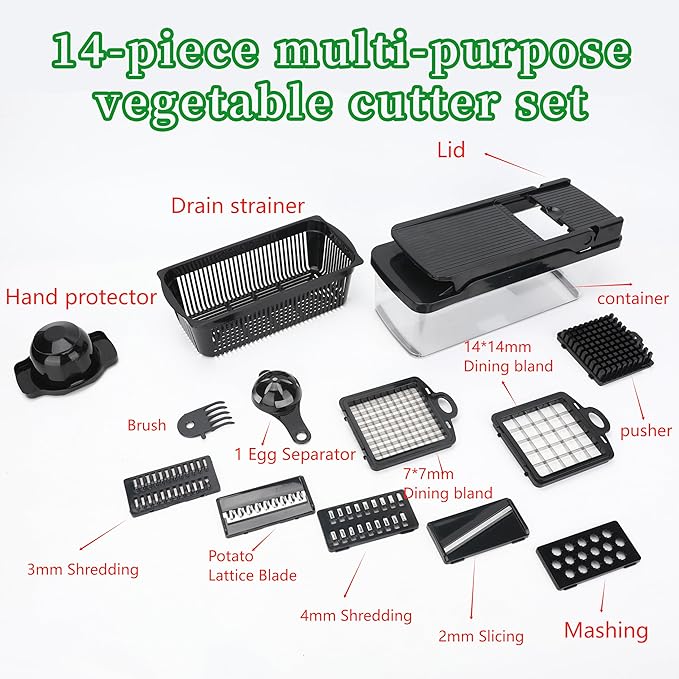 Vegetable Chopper 14 in 1 with Stainless Steel Blades – Multifunctional Onion Chopper, Mandoline Slicer, Food Dicer, Kitchen Cutter Set and must have Kitchen appliances and tools