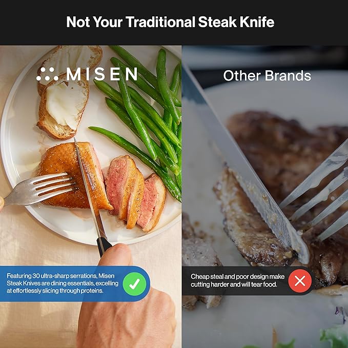 Misen Steak Knives Set of 4 - Precision Serrated Blades for Effortless Dining - Stainless Steel - Superior Cuts with Four Steak Knives Handles - Black