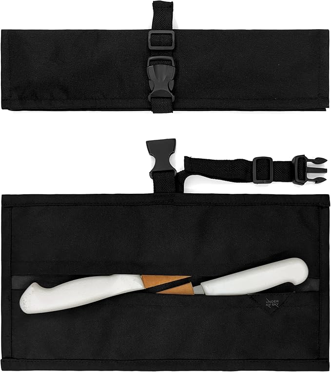 Under NY Sky Knife Roll Case - 2 Slots - Heavy Duty Oxford Canvas Pouch - Leather Reinforced - Portable Bag for Cooking Tools, Utensils, Cutlery Knives, Brushes - Chefs, Kitchen, Travel, Gift - Black