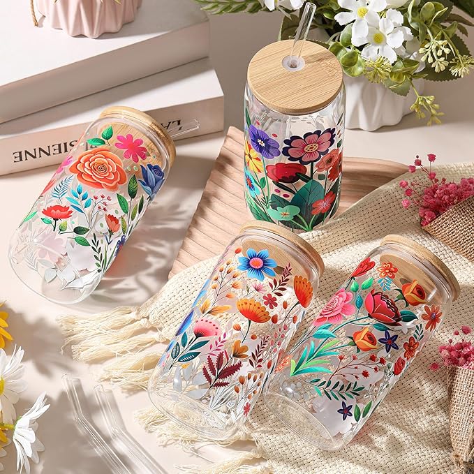 Mumufy Gift for Women Cute Glass Cup Tumbler Flower Iced Coffee Mugs 16 oz Glass with Bamboo Lid & Straw, Mothers Day Birthday Gift for Mom Sister Bridesmaid Baby Shower(4 Pack,Abstract Flower)