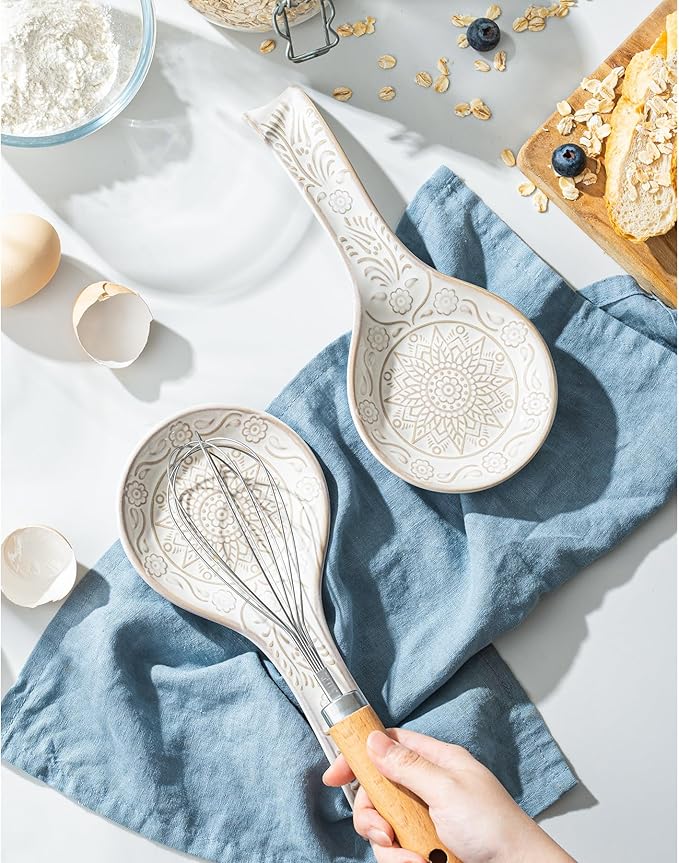 Ceramic Spoon Rest, 9 Inches Large Spoon Holder for Kitchen Counter, Set of 2, Kitchen Accessories, Dishwasher Safe, White
