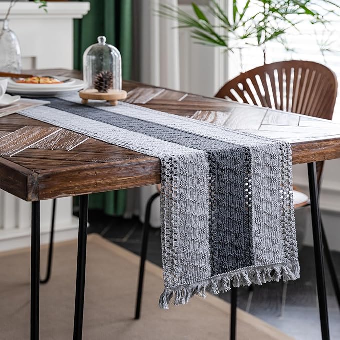 Alynsehom Macrame Table Runner Grey Boho Table Runners with Tassels Hand Woven Cotton Table Runner Rustic Farmhouse Table Runners for Bohemian Kitchen Dining Table(12x108in)