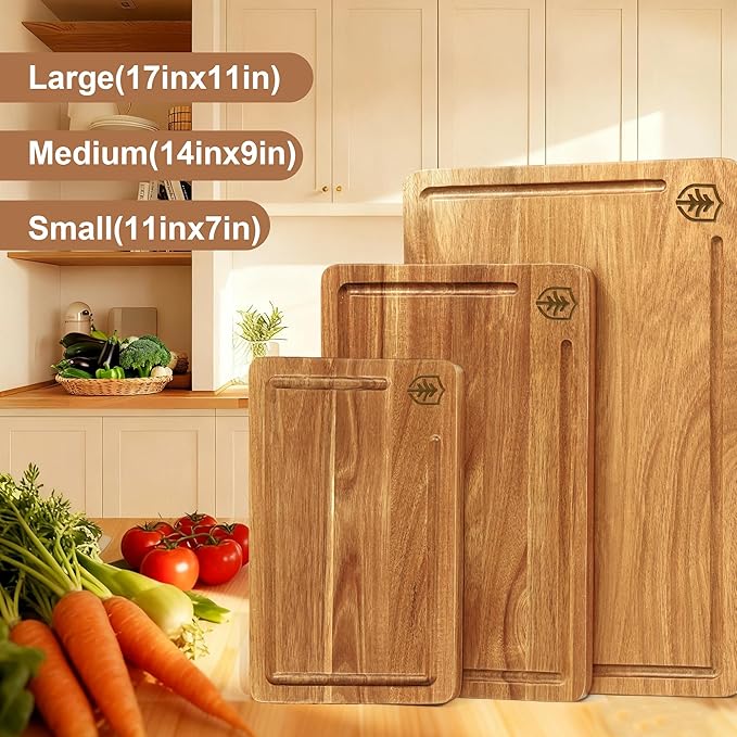 Amitlimate 3 PCS Cutting Boards for Kitchen, Premium Acacia Wooden Cutting Board Set with Built-In Handle and Juice Groove, Charcuterie & Chopping Butcher Block for Meat, Vegetables, Fruits (Brown)