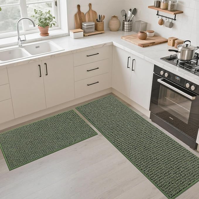 JSEI Kitchen Runner Rugs, 17''x60'' Non-Slip Kitchen Mats for Floor, Machine Washable Absorbent and Stain Resistant Kitchen Rug, Carpet Mats with TPR Backing for Kitchen, Green
