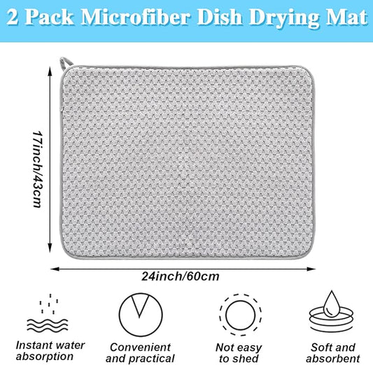 2 Pack Microfiber Dish Drying Mat,24*17 inch Absorbent Dish Drainer Kitchen Counter,Large Size Dish Drying Pad for Countertops,Sinks,Draining Racks(Gray)