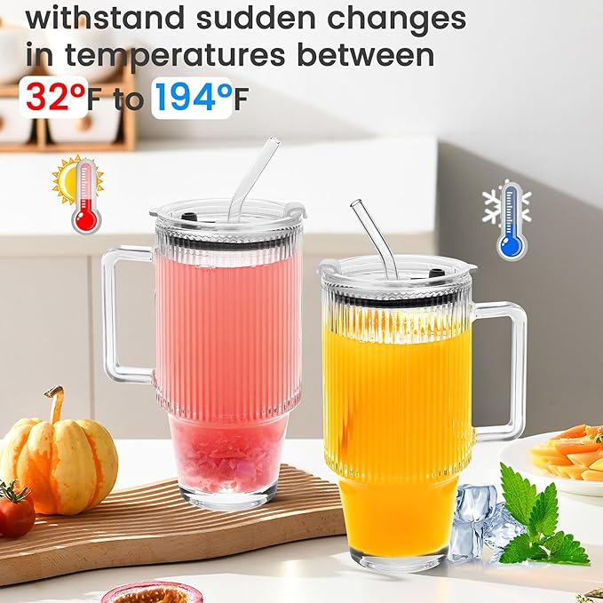 24oz Ribbed Glass Cups with Lids and Straws Handle Thick Leak Proof Drinking Glasses Tumbler for Gift Cold Drink Smoothie Boba Tea(Ribbed with Thick Plastic Lid)