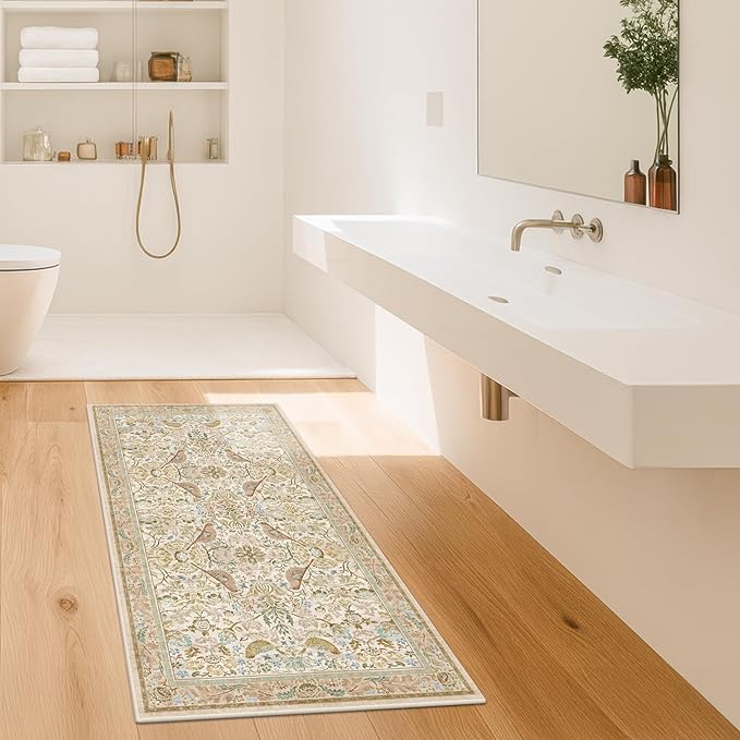 Beige 2x4 Washable Rug for Bathroom, Entryway Non Slip - Soft Low Pile Boho Small Throw Rugs for Kitchen, Powder Room - Unique Boho Bird Botanical Decorative Door Mats Stain Resistant