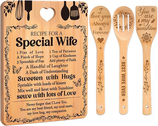 Valentine Day Gifts for Wife - "Recipe for a Special Wife" Valentine's Day Gifts for Her Cutting Board Set, Bamboo-Made Engraved Utensil Set Gifts for Wife